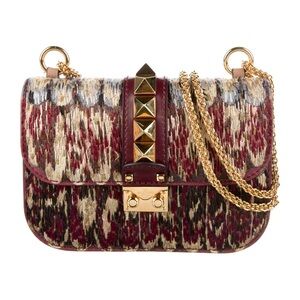 Valentino Rockstud Glam Lock Mixed Media Crossbody Bag with Gold Chain